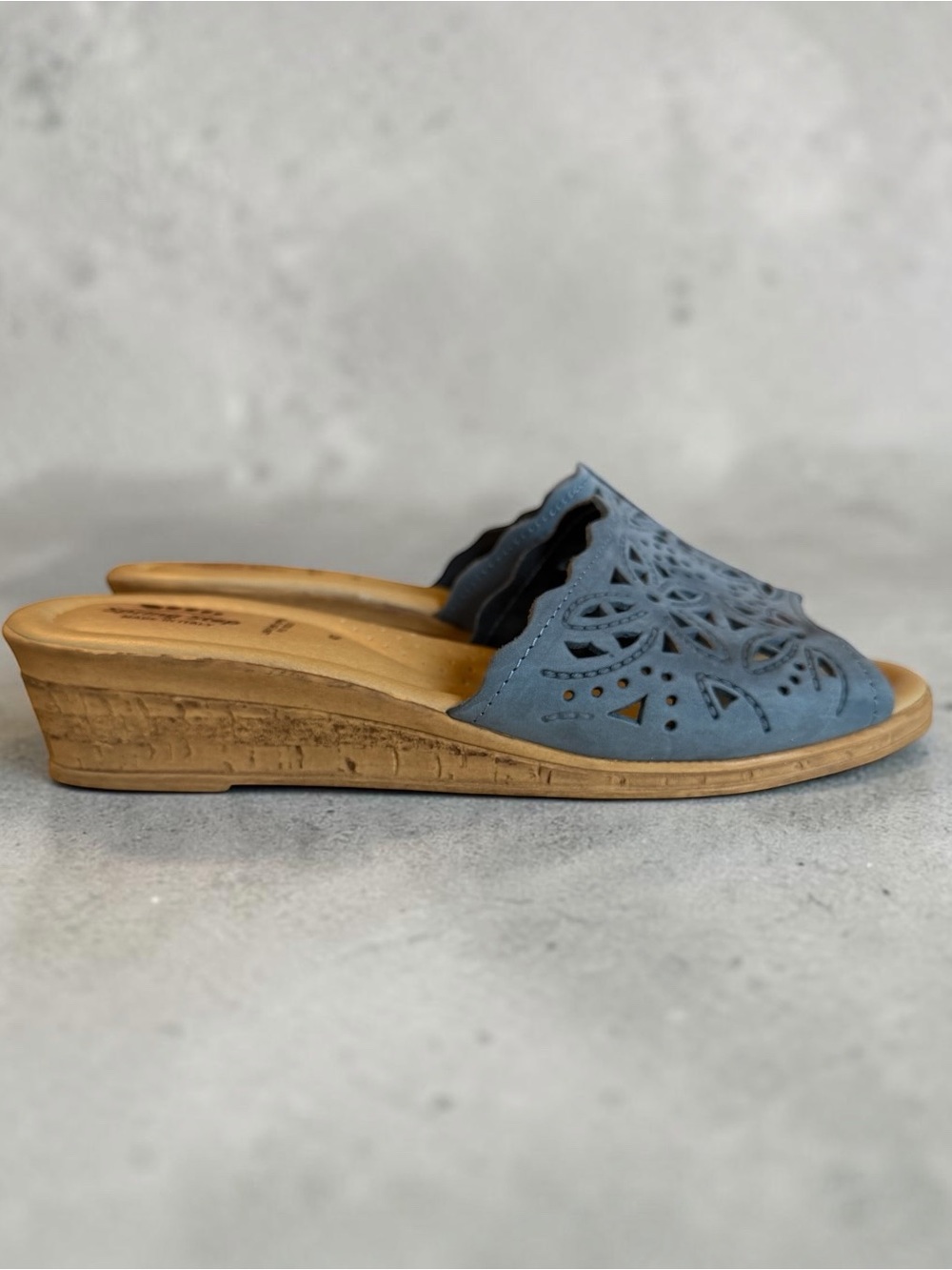 Spring Step Estella Blue Laser-Cut Leather Wedge Slides